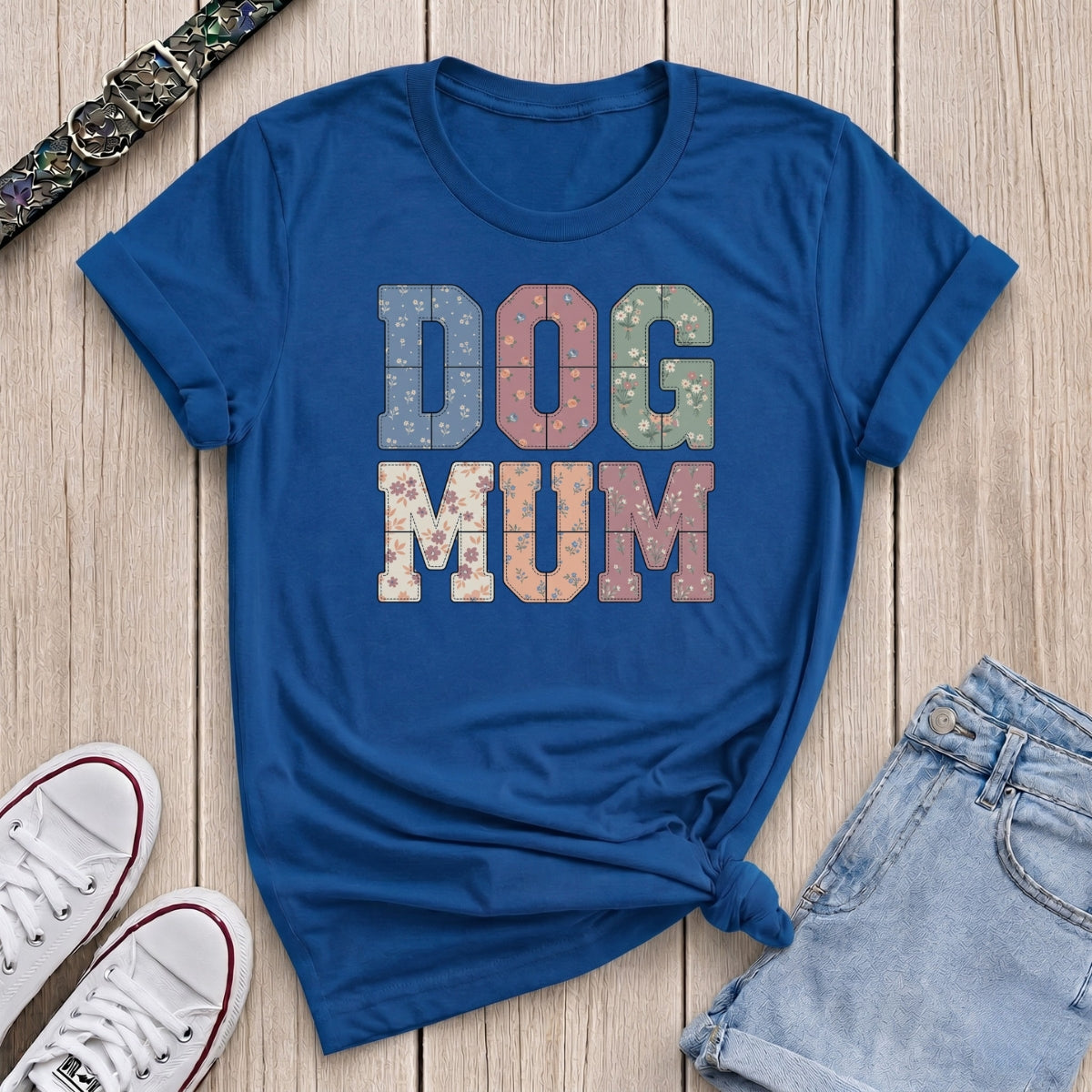 Fetchkind royal blue dog mum patchwork floral varsity t-shirt stitched floral design UK