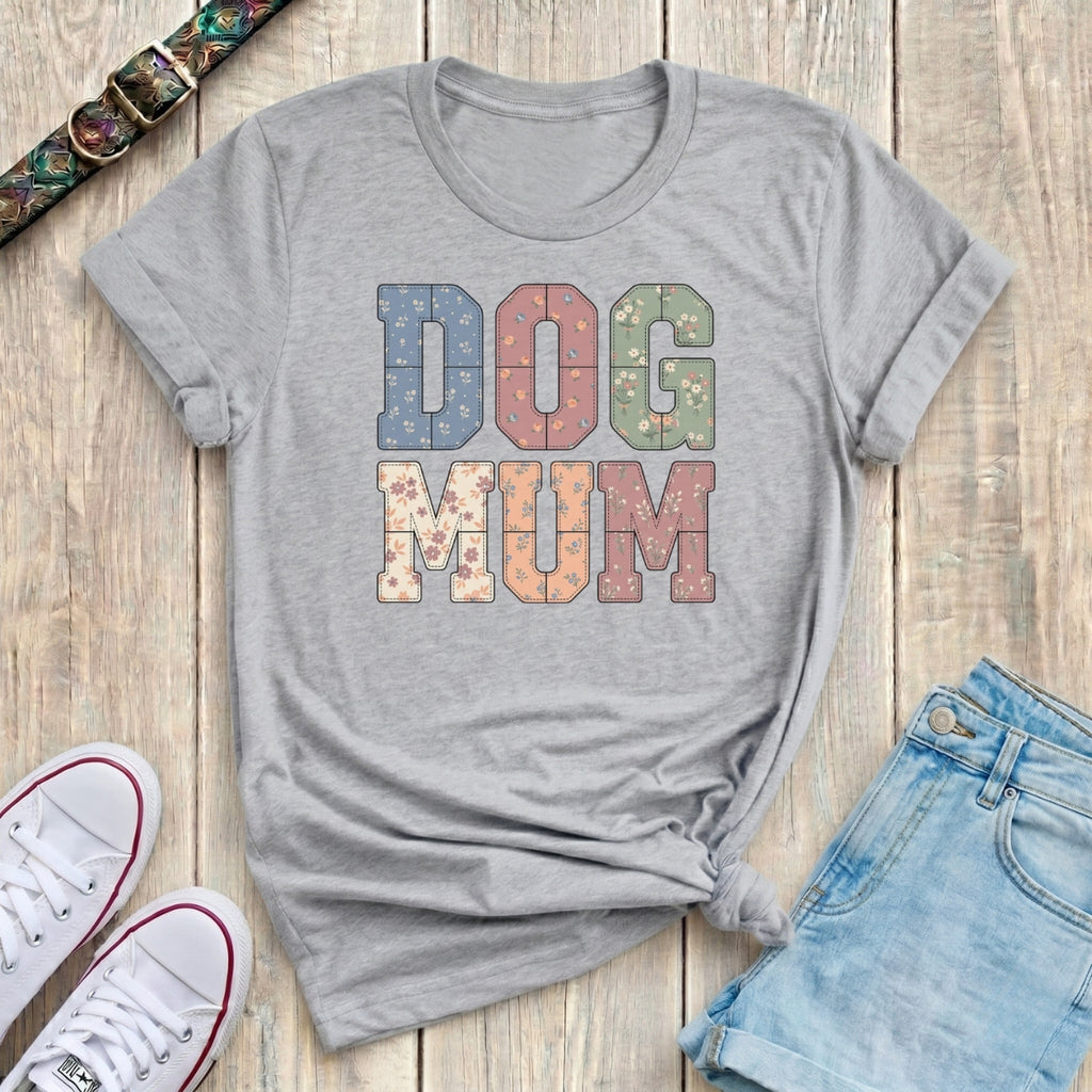 Fetchkind sport grey dog mum patchwork floral t-shirt with individual floral letter prints UK