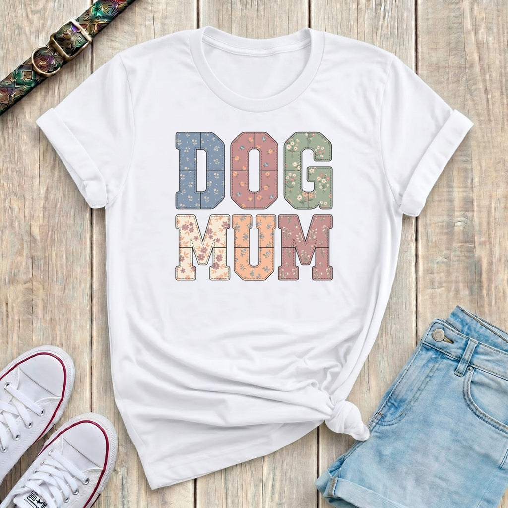 Fetchkind white dog mum patchwork floral tee with stitched varsity lettering floral prints