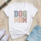 Fetchkind white dog mum patchwork floral tee with stitched varsity lettering floral prints
