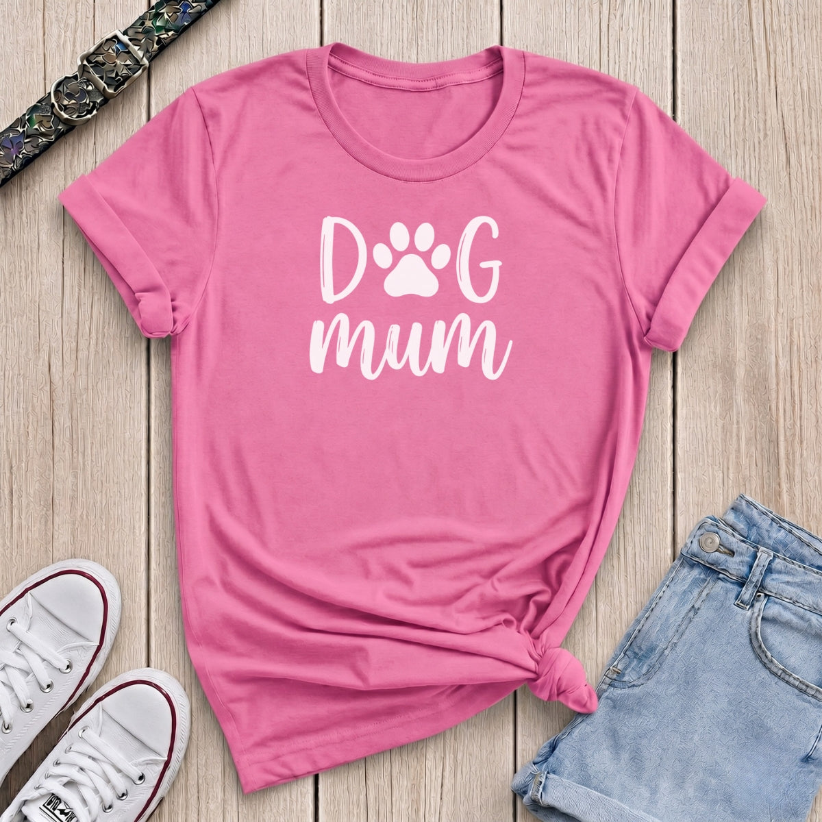 Fetchkind azalea pink dog mum tee with bold white paw print lettering by Fetchkind