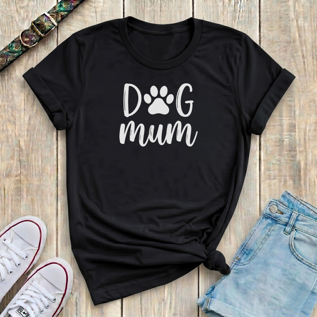 Fetchkind black dog mum t-shirt with white paw print bold lettering dog lover gift