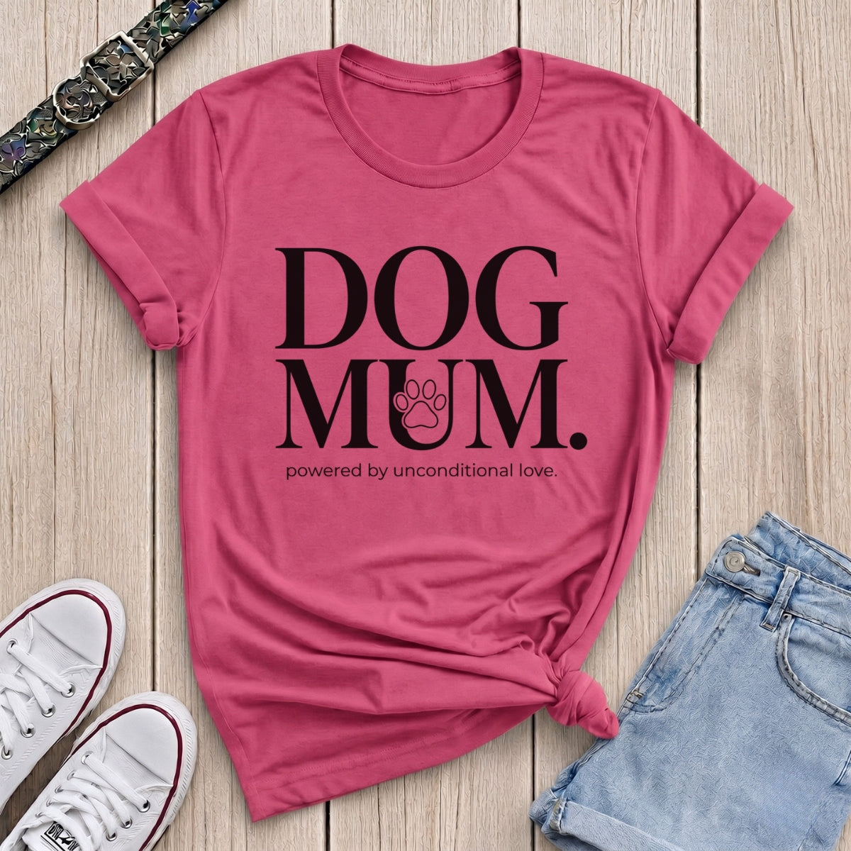 Fetchkind heliconia dog mum powered by unconditional love serif paw print gift tee UK