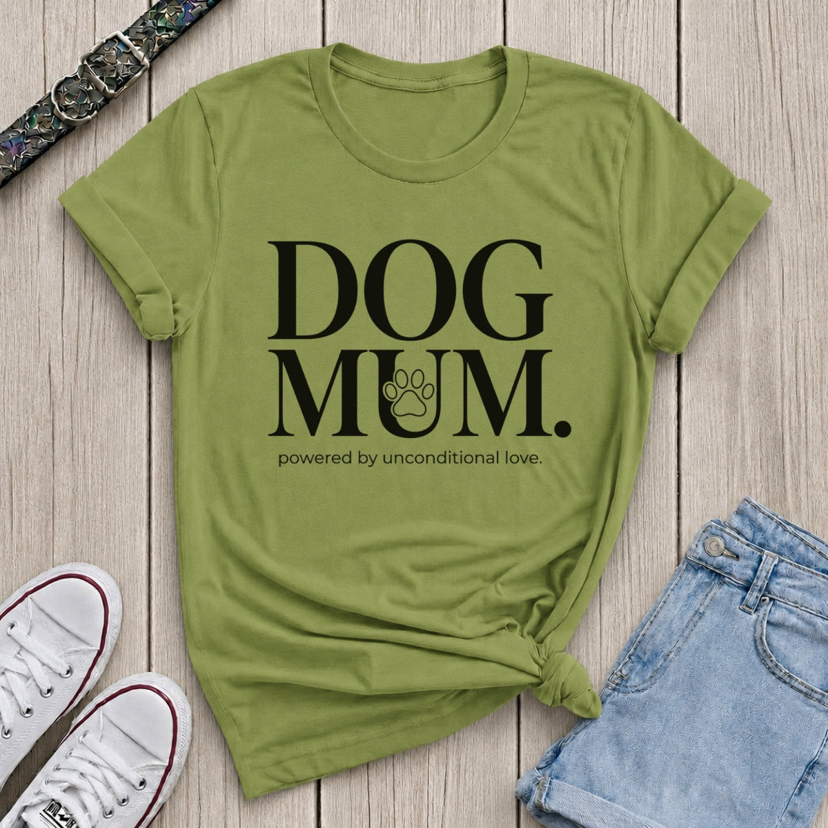 Fetchkind kiwi dog mum powered by unconditional love bold serif paw print dog mum tshirt