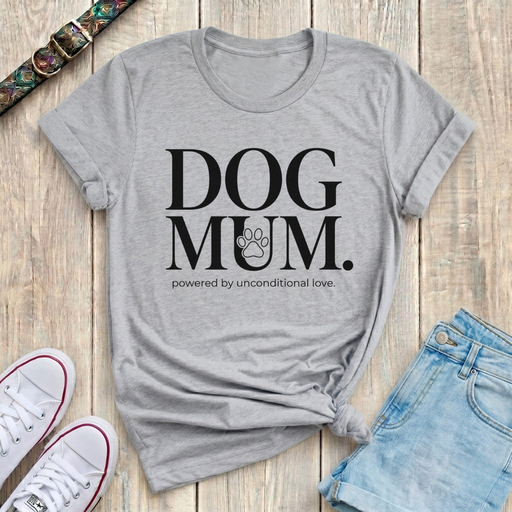 Fetchkind sport grey dog mum powered by unconditional love bold serif paw print tshirt UK