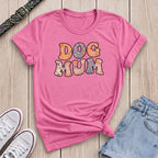 Fetchkind azalea pink dog mum retro tee with rounded floral lettering terracotta blue print