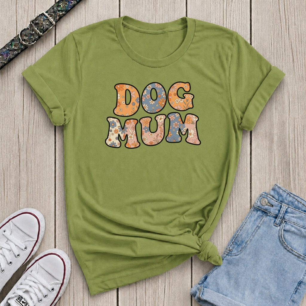 Fetchkind kiwi green dog mum retro floral tee with ditsy flower filled rounded lettering
