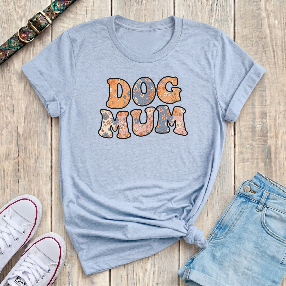 Fetchkind light blue dog mum retro floral t-shirt with ditsy flower filled lettering UK