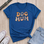 Fetchkind royal blue dog mum retro floral t-shirt with vintage terracotta flower lettering UK