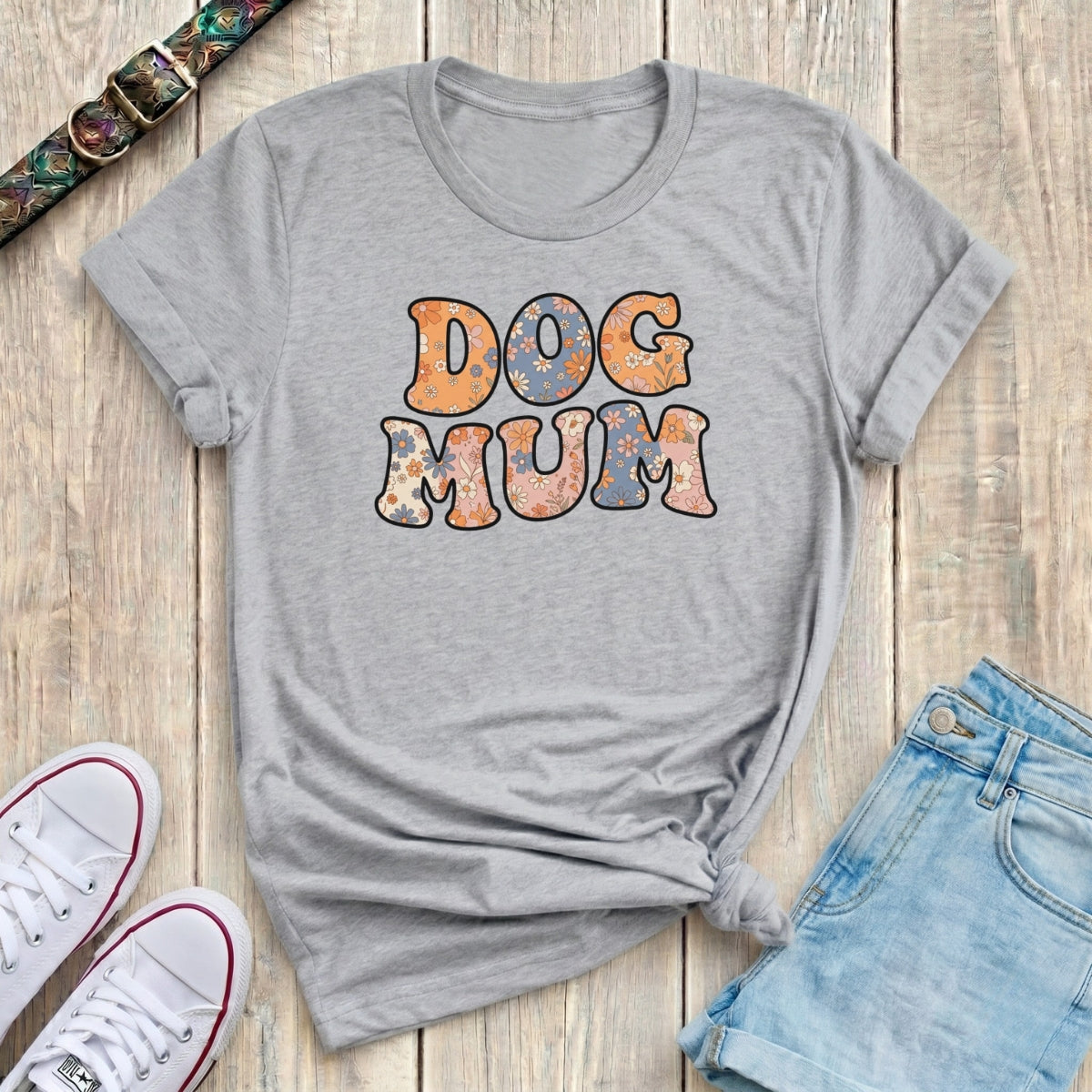 Fetchkind sport grey dog mum retro floral t-shirt with vintage ditsy flower letter design
