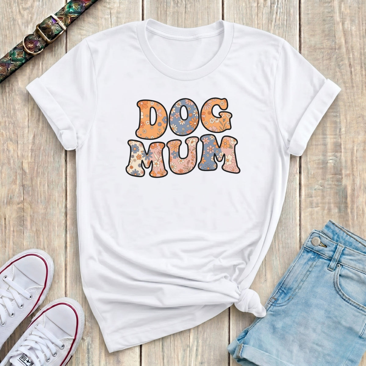 Fetchkind white dog mum retro floral tee with chunky rounded ditsy flower filled letter print