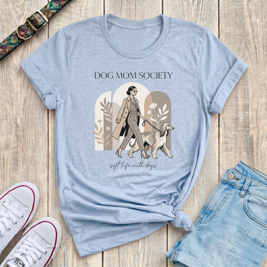 Fetchkind light blue dog mum society soft life afghan hound editorial tshirt UK