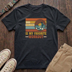 Black dog walking t-shirt with Dog Walking Is My Favourite Workout retro sunburst design by Fetchkind