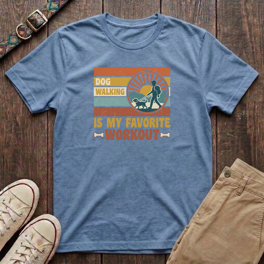 Light blue dog walking t-shirt with Dog Walking Is My Favourite Workout retro sunburst design by Fetchkind