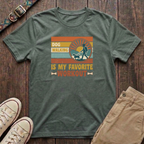 Military green dog walking t-shirt with Dog Walking Is My Favourite Workout retro sunburst design by Fetchkind