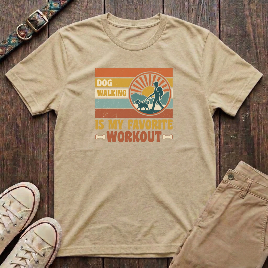 Natural dog walking t-shirt with Dog Walking Is My Favourite Workout retro sunburst design by Fetchkind