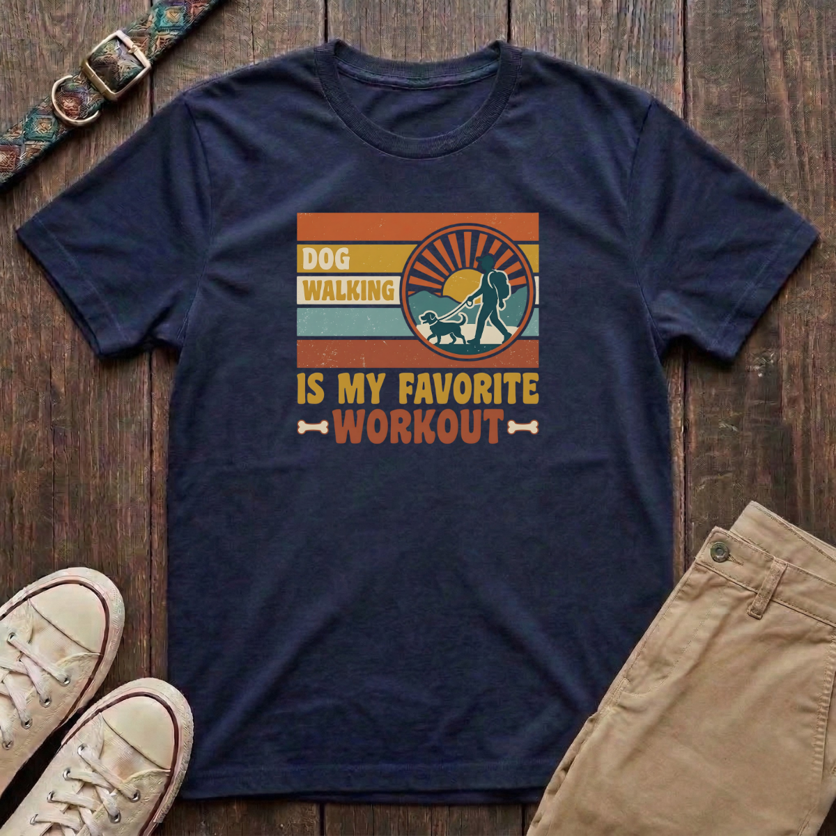 Navy dog walking t-shirt with Dog Walking Is My Favourite Workout retro sunburst design by Fetchkind