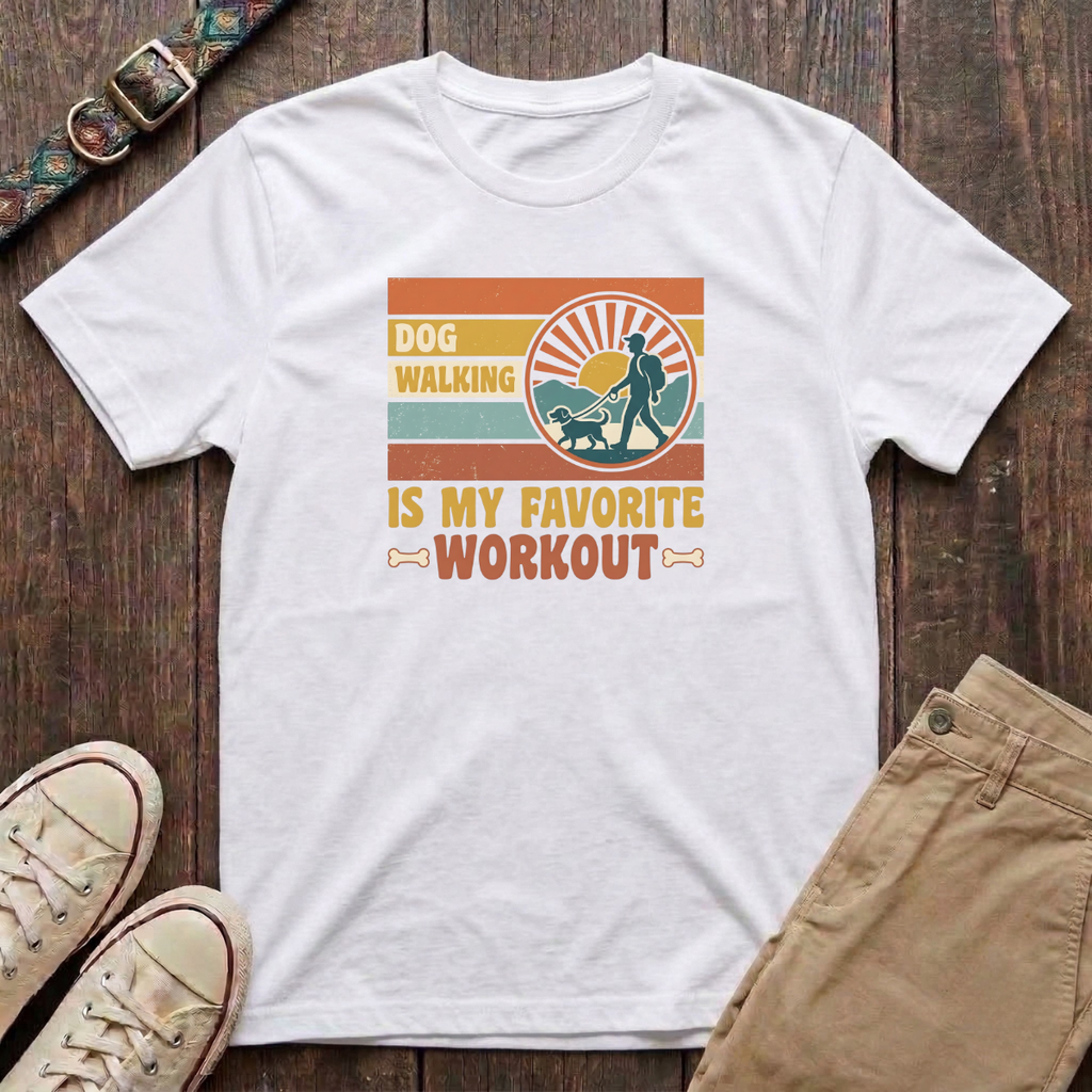White dog walking t-shirt with Dog Walking Is My Favourite Workout retro sunburst design by Fetchkind