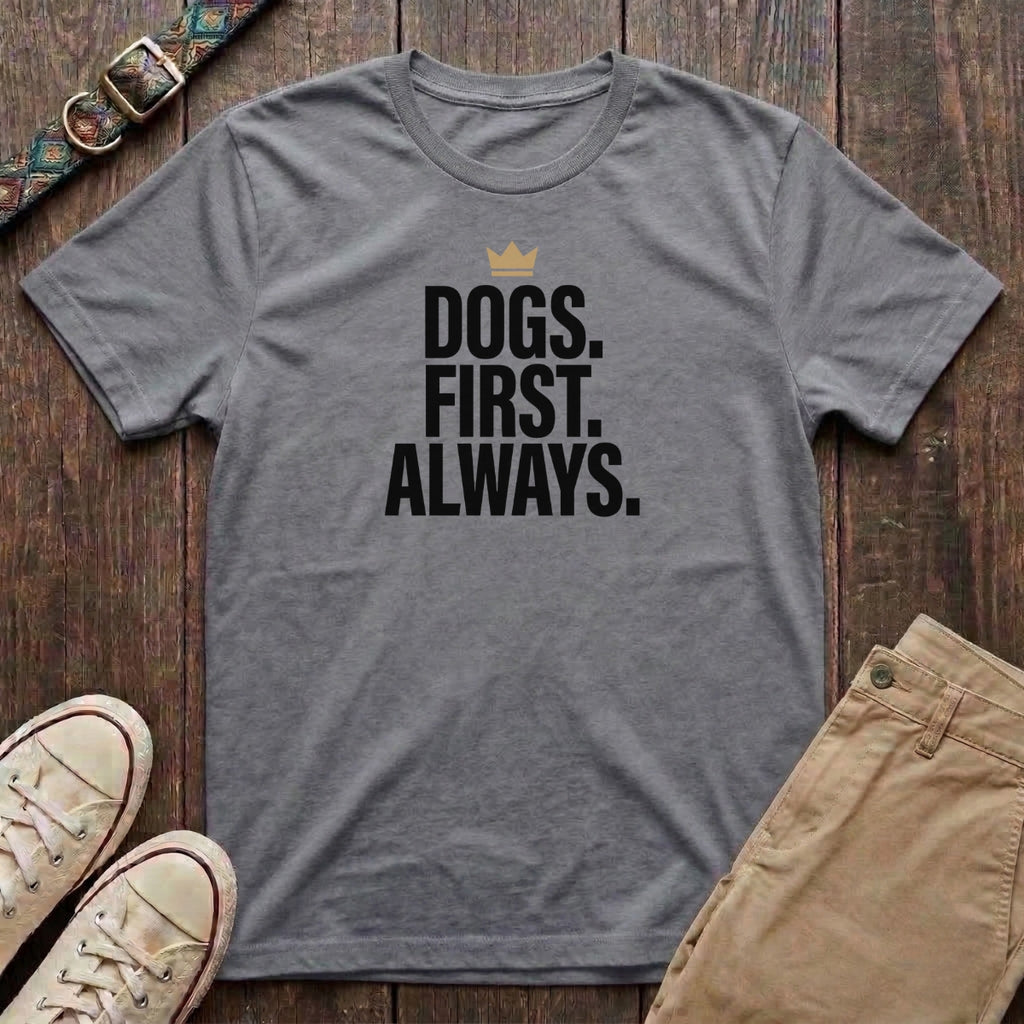 Sport grey dog lover t-shirt with Dogs First Always slogan in bold block capitals and gold crown by Fetchkind