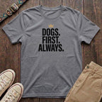 Sport grey dog lover t-shirt with Dogs First Always slogan in bold block capitals and gold crown by Fetchkind