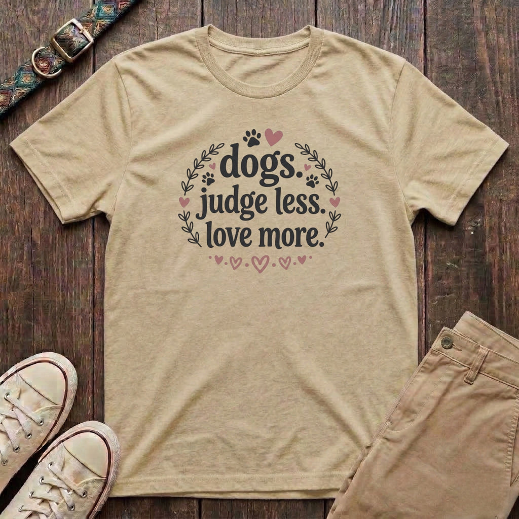 Natural dog lover t-shirt with Dogs Judge Less Love More slogan in pink botanical paw print design by Fetchkind