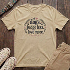 Natural dog lover t-shirt with Dogs Judge Less Love More slogan in pink botanical paw print design by Fetchkind