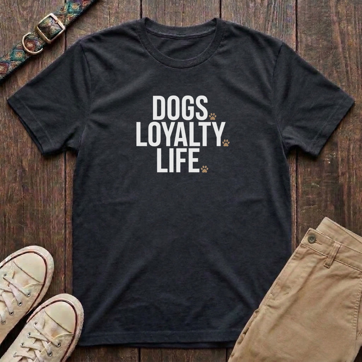 Black dog lover t-shirt with Dogs Loyalty Life slogan in bold charcoal type and tan paw prints by Fetchkind