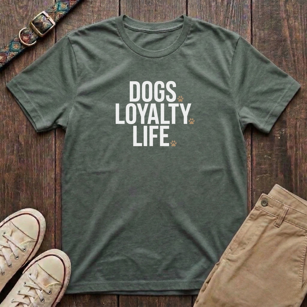 Military green dog lover t-shirt with Dogs Loyalty Life slogan in bold charcoal type and tan paw prints by Fetchkind