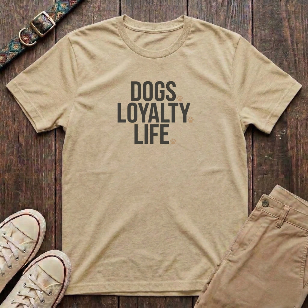 Natural dog lover t-shirt with Dogs Loyalty Life slogan in bold charcoal type and tan paw prints by Fetchkind