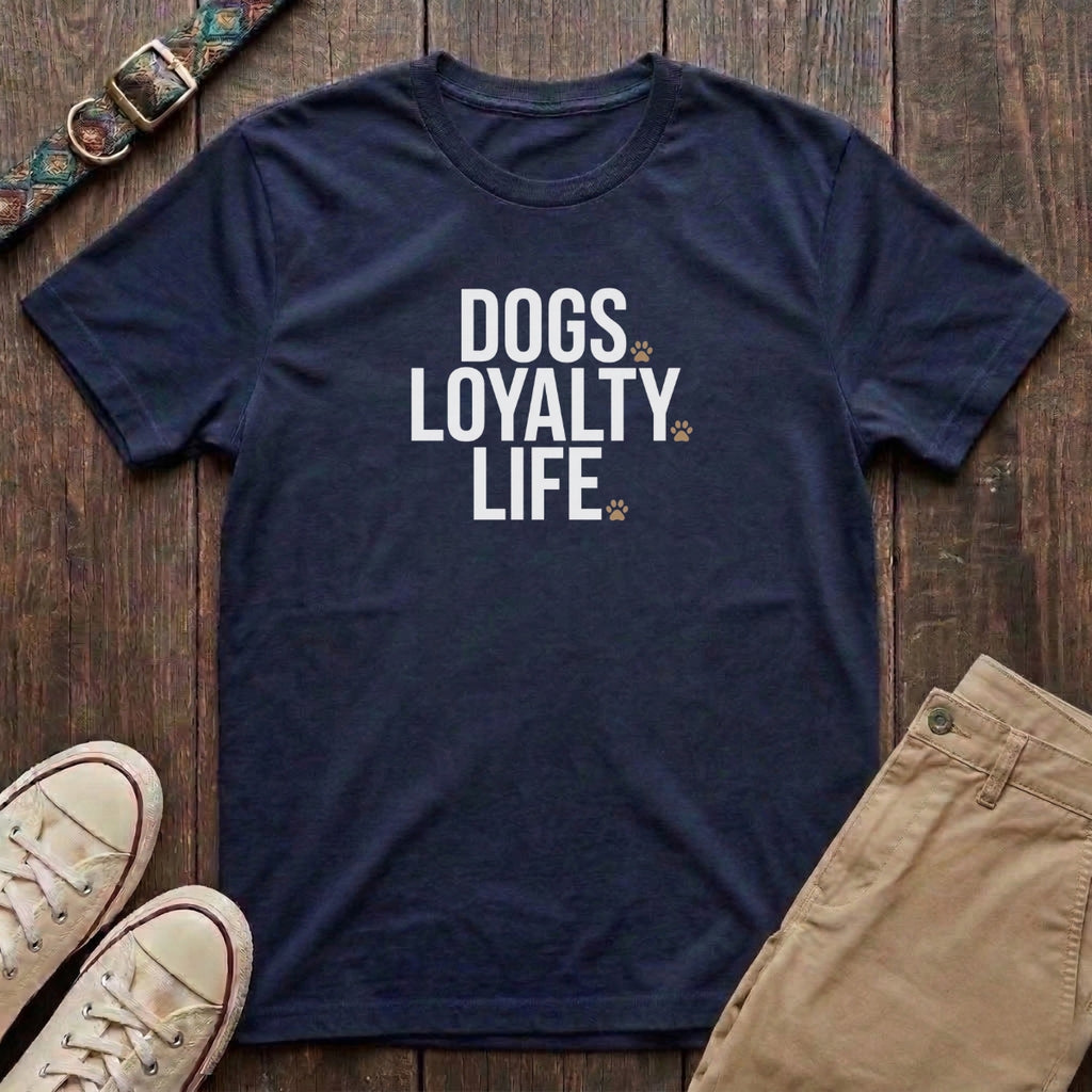 Navy dog lover t-shirt with Dogs Loyalty Life slogan in bold charcoal type and tan paw prints by Fetchkind