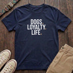 Navy dog lover t-shirt with Dogs Loyalty Life slogan in bold charcoal type and tan paw prints by Fetchkind