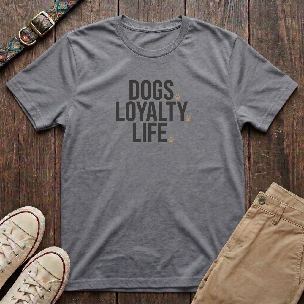 Sport grey dog lover t-shirt with Dogs Loyalty Life slogan in bold charcoal type and tan paw prints by Fetchkind