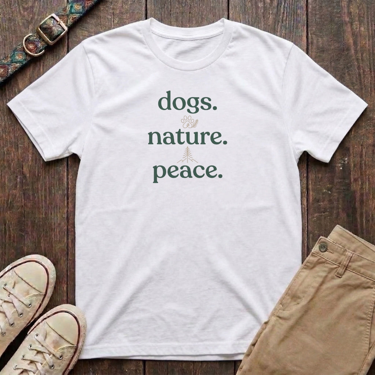 White dog lover t-shirt with Dogs Nature Peace slogan in forest green elegant typography by Fetchkind
