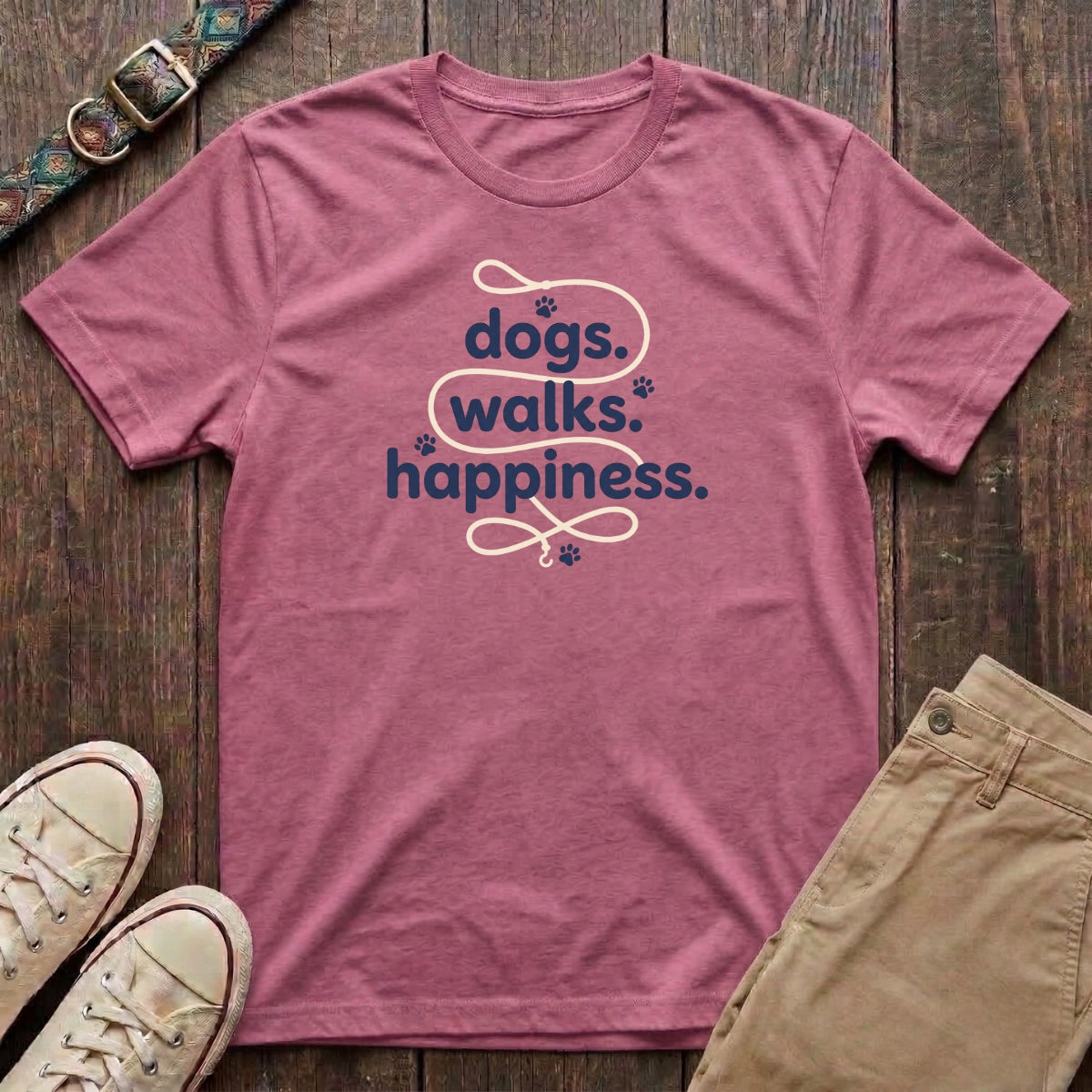 Azalea dog lover t-shirt with Dogs Walks Happiness slogan in navy and yellow paw print design by Fetchkind