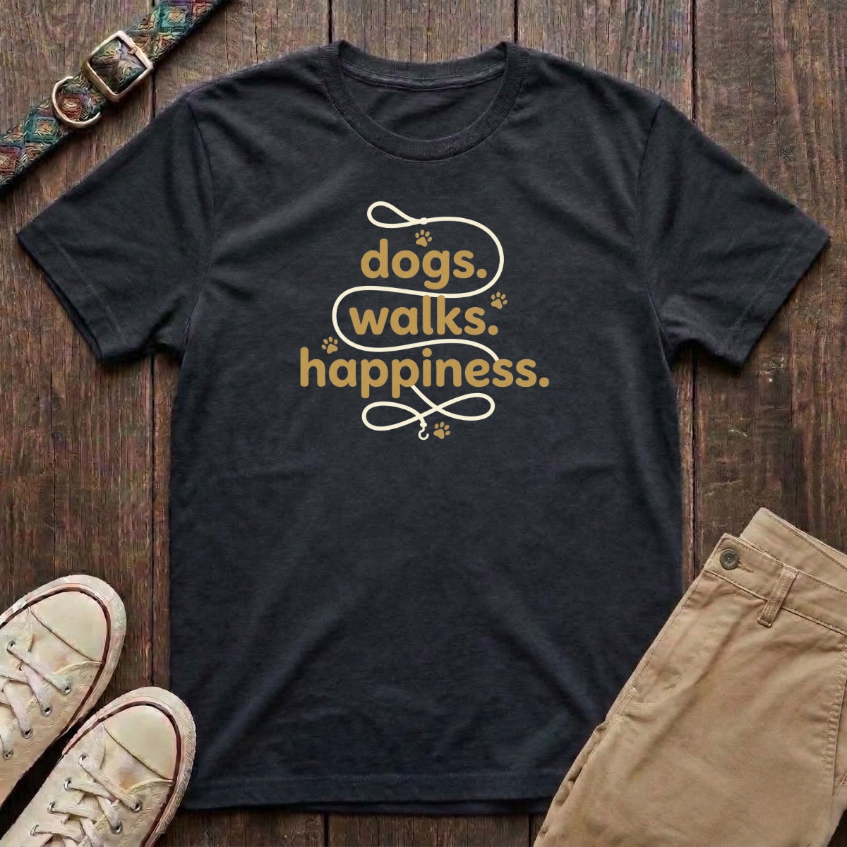Black dog lover t-shirt with Dogs Walks Happiness slogan in navy and yellow paw print design by Fetchkind
