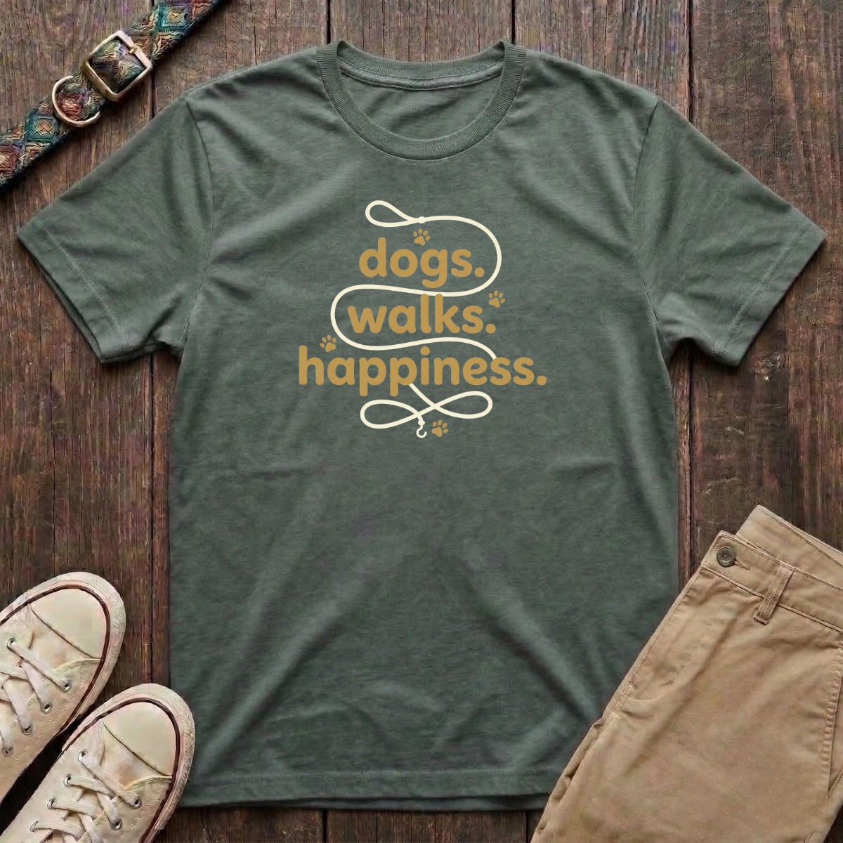 Military green dog lover t-shirt with Dogs Walks Happiness slogan in navy and yellow paw print design by Fetchkind