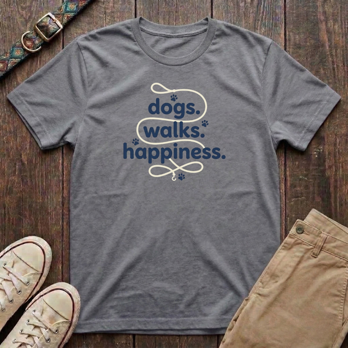 Sport grey dog lover t-shirt with Dogs Walks Happiness slogan in navy and yellow paw print design by Fetchkind