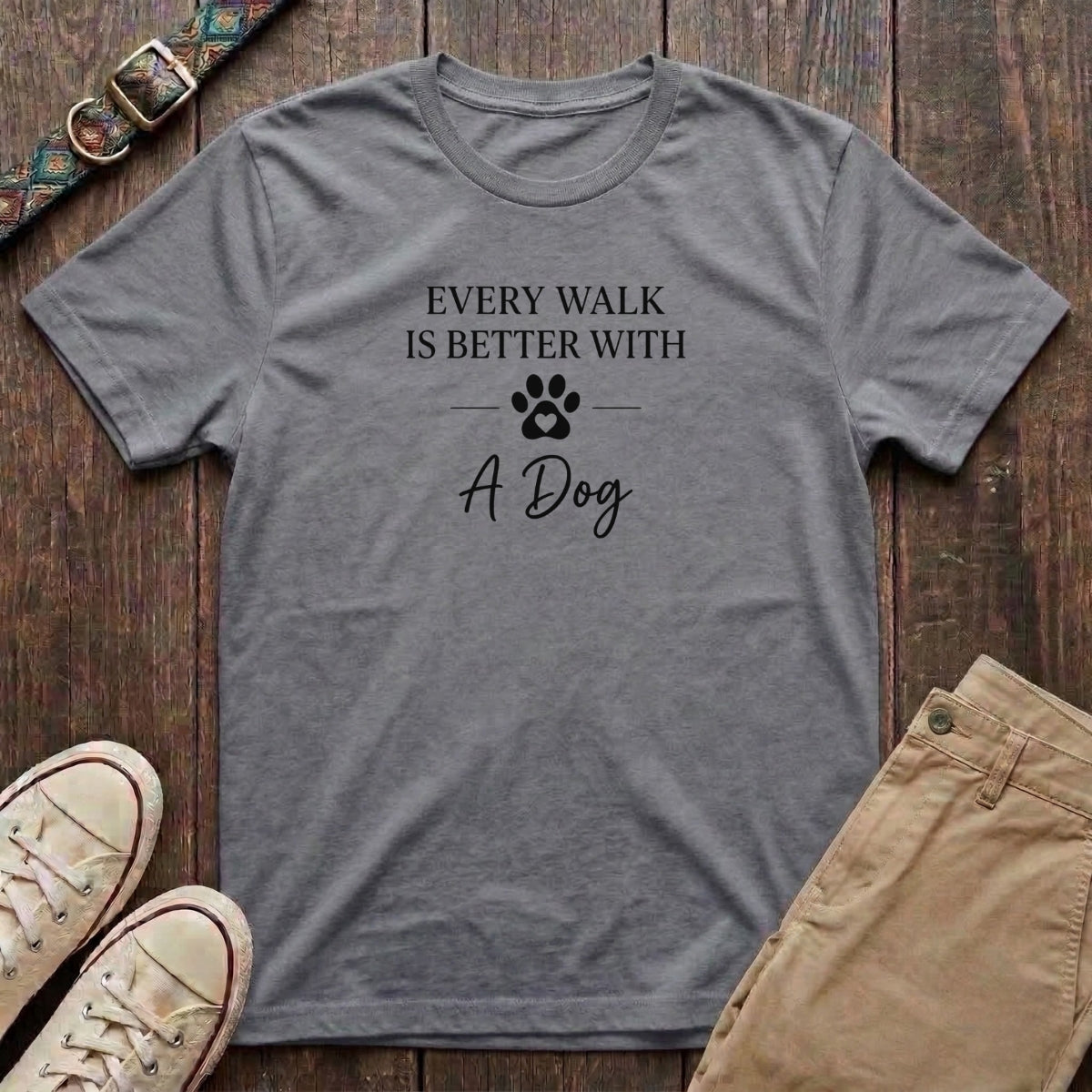 Sport grey dog walking t-shirt with Every Walk Is Better With a Dog slogan and heart paw print design by Fetchkind