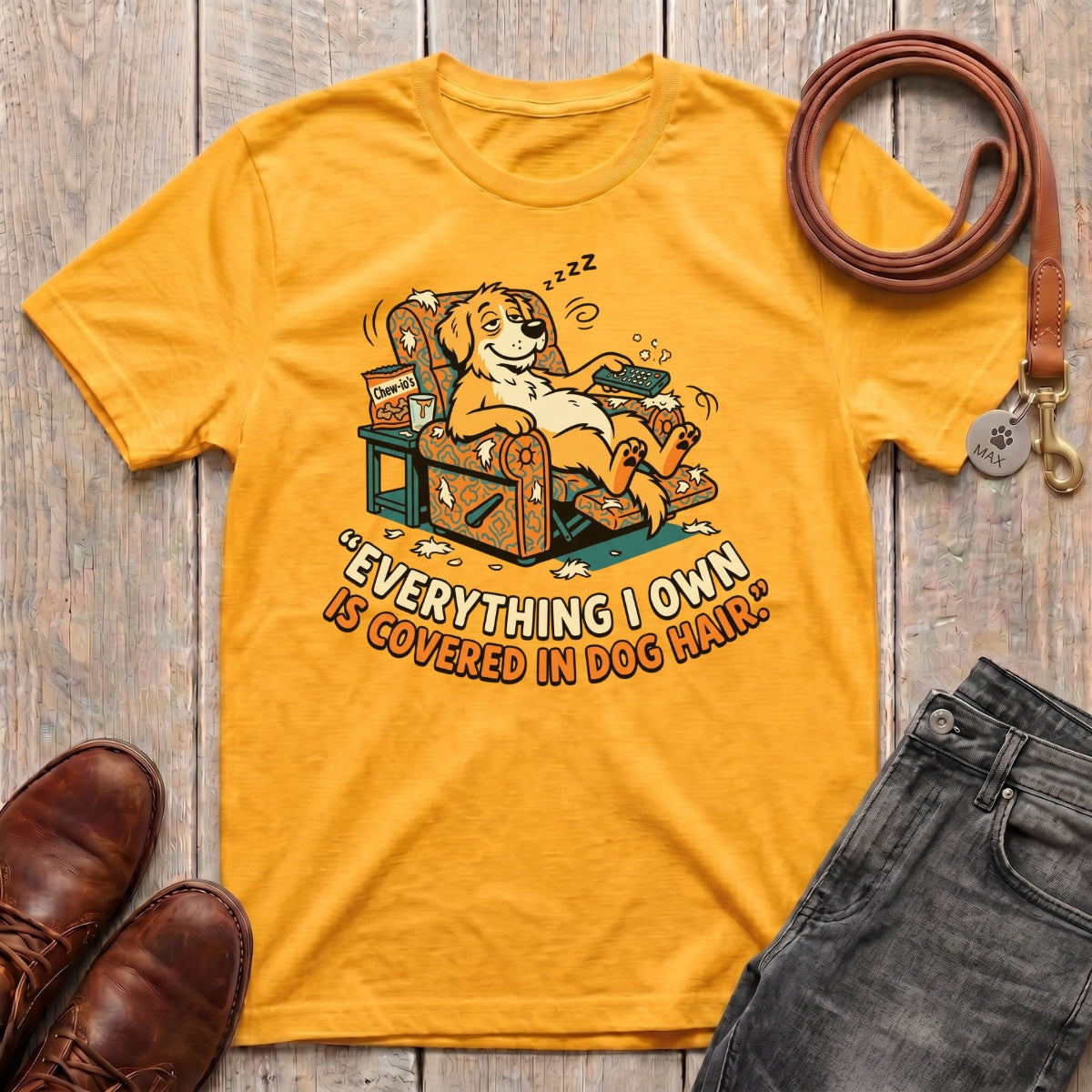 Fetchkind Everything I Own Is Covered In Dog Hair t-shirt in gold funny dog parent gift Fetchkind UK
