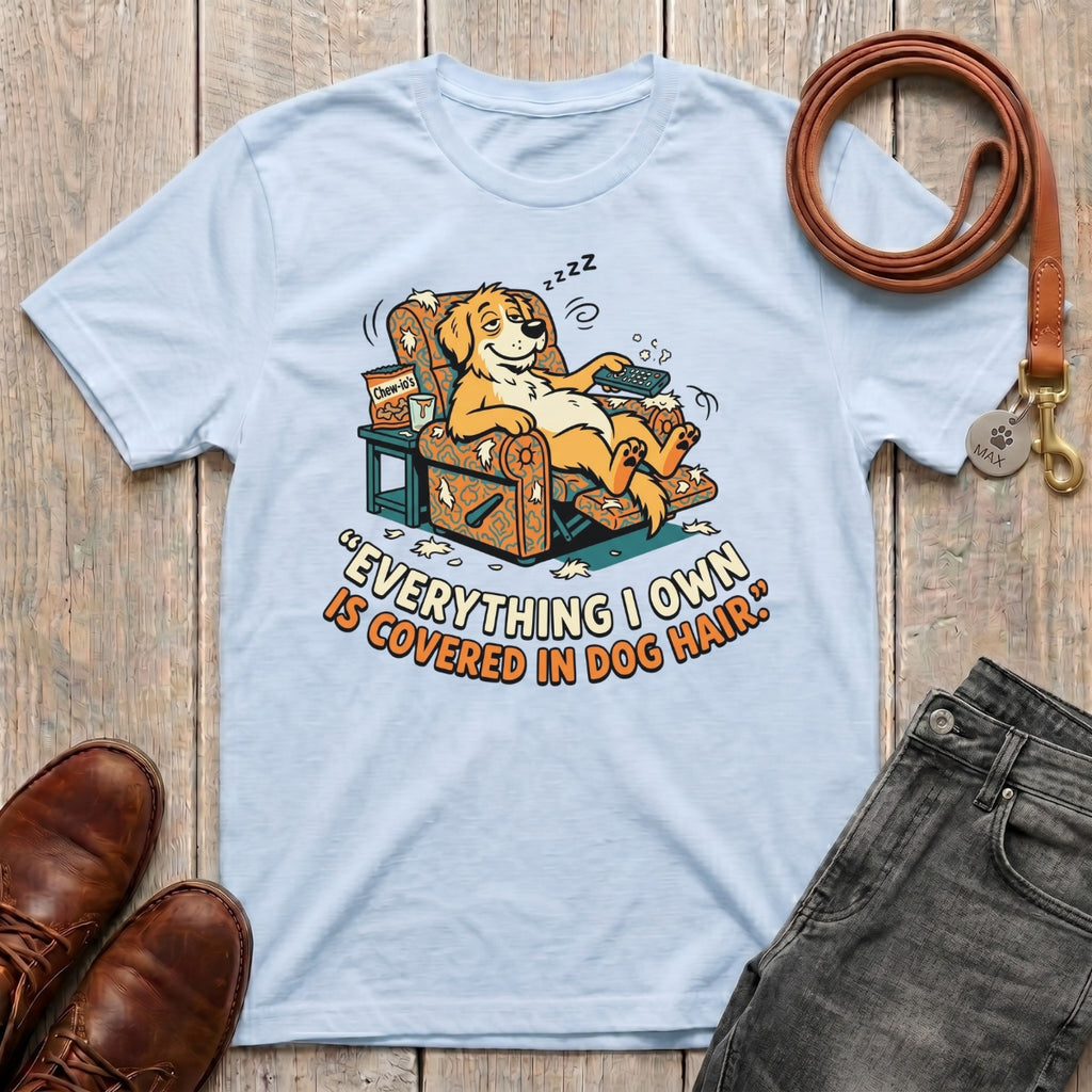 Fetchkind dog hair tee in light blue a funny relatable gift for dog parents in the UK