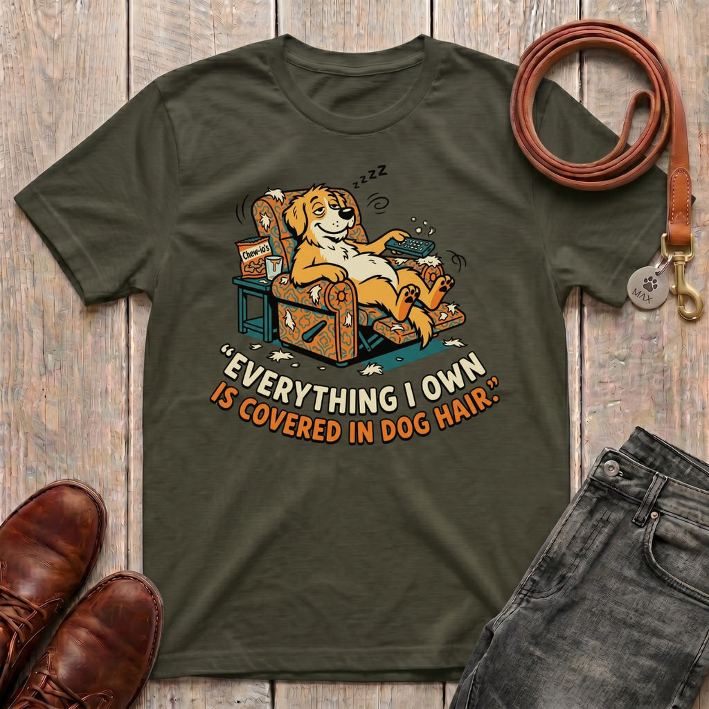 Fetchkind dog hair funny tee in military green relatable dog parent gift for UK pet owners