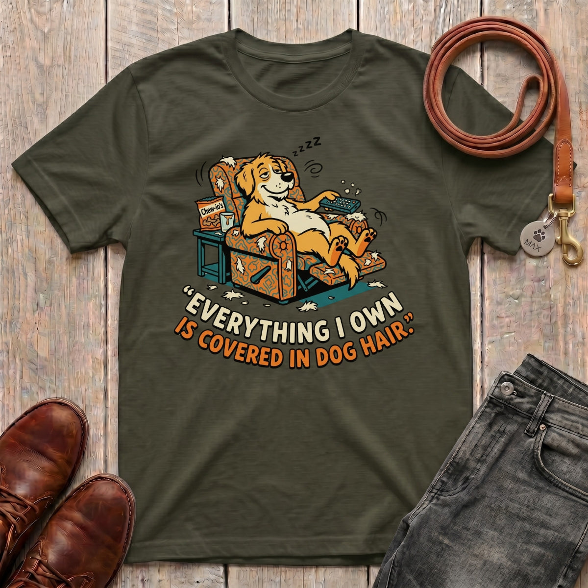 Fetchkind dog hair funny tee in military green relatable dog parent gift for UK pet owners