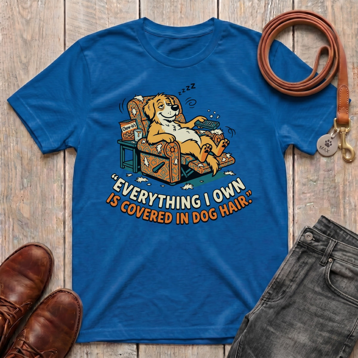 Fetchkind Everything I Own Is Covered In Dog Hair t-shirt in royal blue funny dog lover tee UK