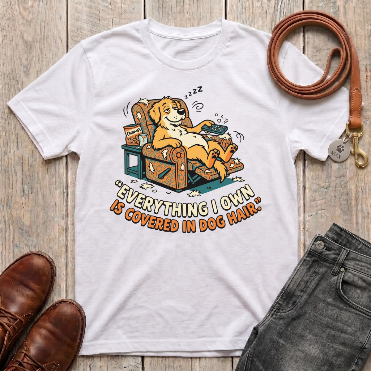 Fetchkind Everything I Own Is Covered In Dog Hair t-shirt in white with funny golden dog illustration