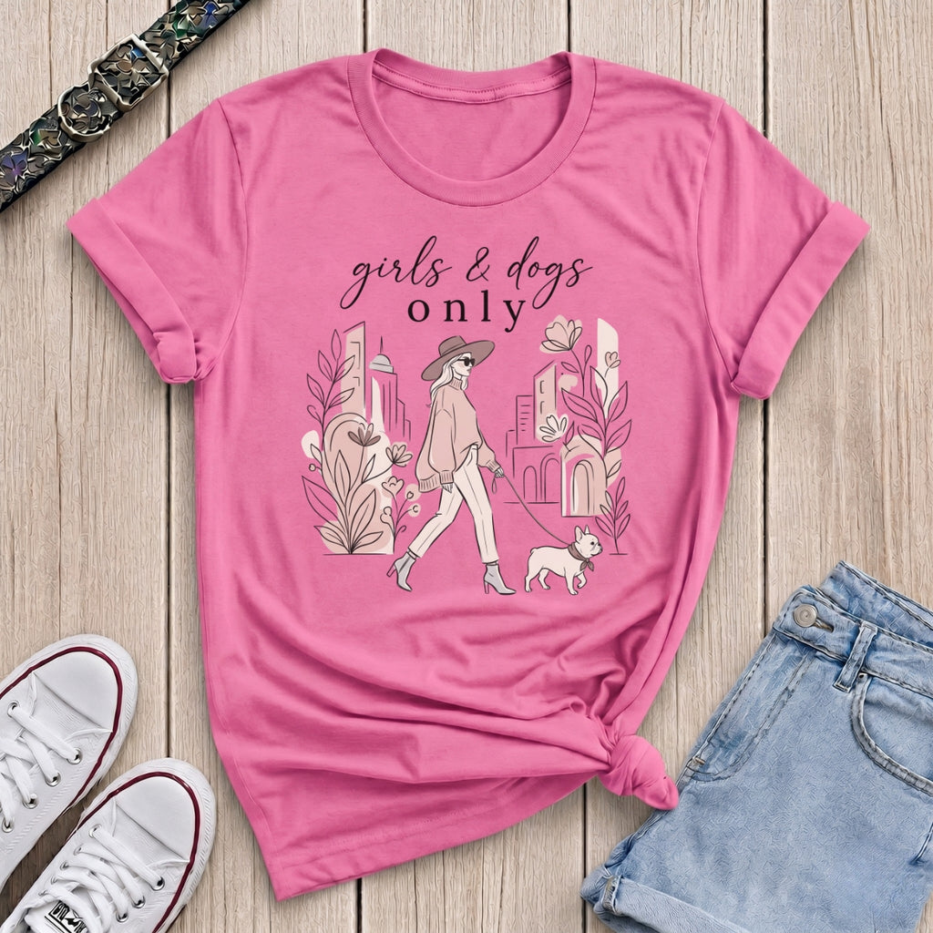 Fetchkind azalea pink girls and dogs only frenchie dog mum fashion tee blush design UK