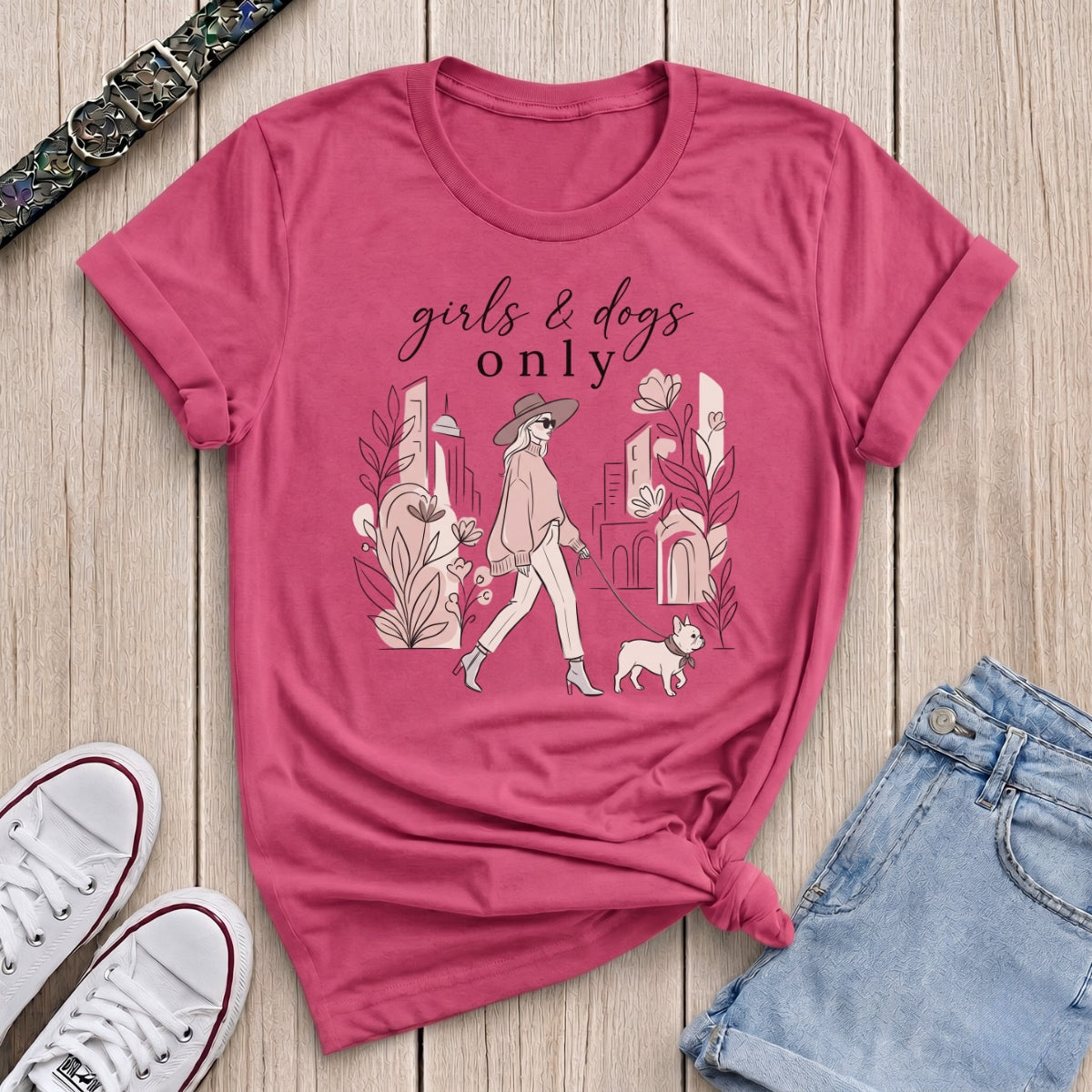 Fetchkind heliconia girls and dogs only frenchie stylish dog mum tee thoughtful gift UK