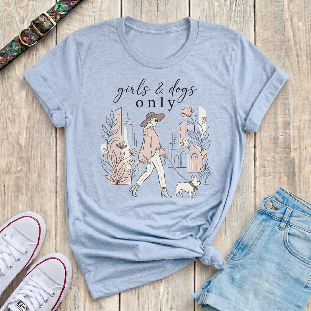 Fetchkind light blue girls and dogs only french bulldog fashion illustration tshirt UK