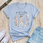 Fetchkind light blue girls and dogs only french bulldog fashion illustration tshirt UK