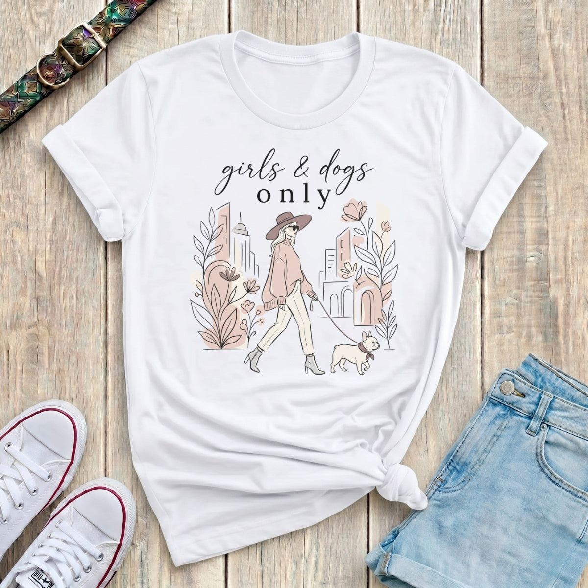 Fetchkind white girls and dogs only french bulldog blush botanical fashion dog mum tshirt