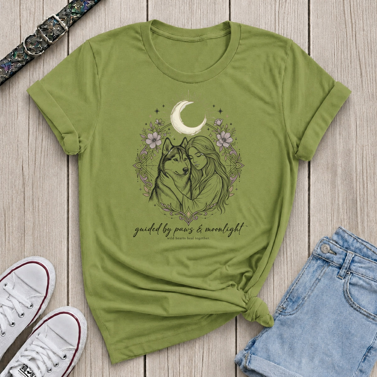 Fetchkind kiwi guided by paws and moonlight husky floral moon illustration dog lover tee